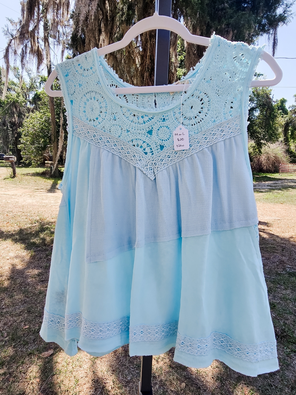 POL Light Blue Crochet Yoke Sleeveless Women's Top